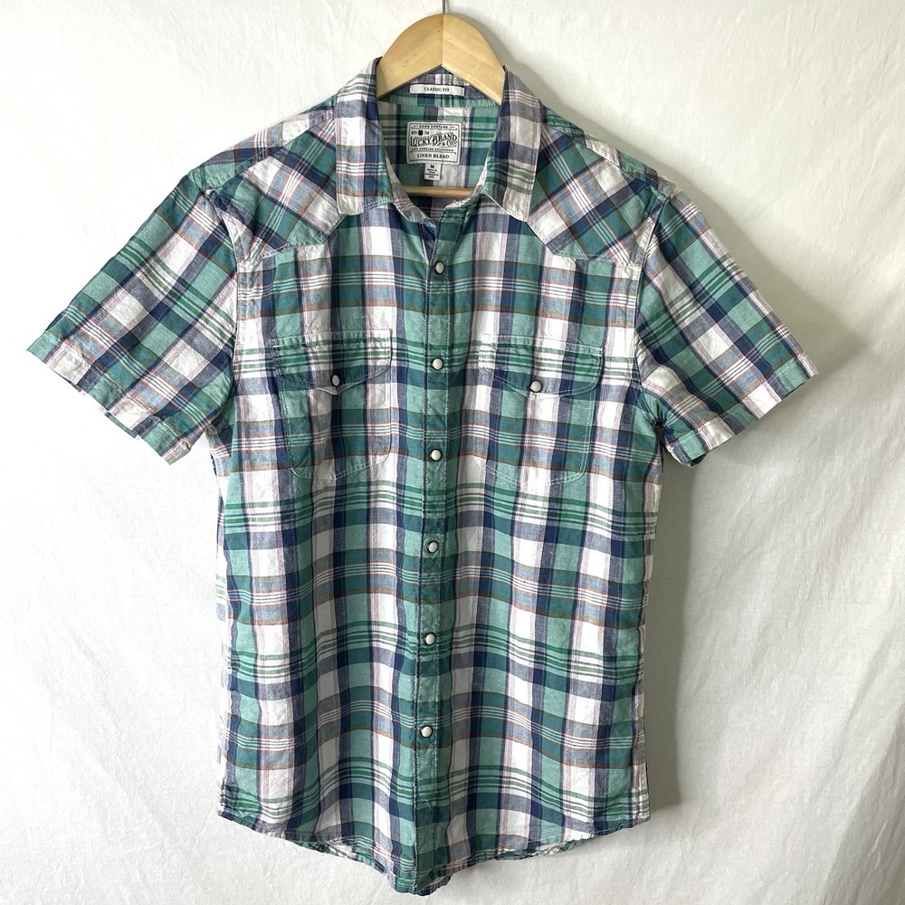 Lucky Brand Shirt Mens Medium M Pearl Snap Front Short Sleeve Linen Blend